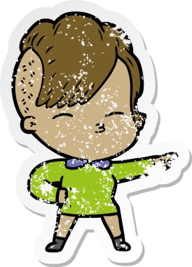 Bir insan tarafından çizilmiş, gözlerini kısan bir çizgi film karakterinin sıkıntılı çıkartması.