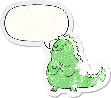 Konuşma baloncuğu olan karikatür dinozoru bir insan tarafından çizilmiş sıkıntılı eski bir çıkartma