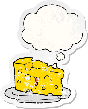 Düşünce baloncuklu şirin çizgi film peyniri bir insan tarafından çizilmiş yıpranmış bir çıkartma gibi.