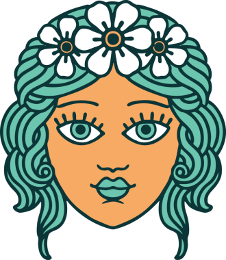 Bir insan tarafından çizilmiş çiçek desenli ikonik bir kadın yüzü.