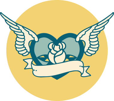 Bir insan tarafından çizilmiş çiçek ve bayrak ile uçan bir kalbin ikonik dövme görüntüsü