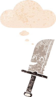 Düşünce baloncuğu ve grunge desenli çizgi film bıçağı bir insan tarafından çizilmiş.