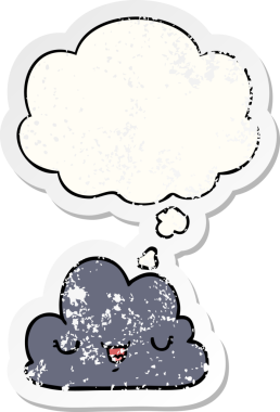 Düşünce baloncuğu olan sevimli çizgi film bulutu bir insan tarafından çizilmiş yıpranmış bir çıkartma gibi.