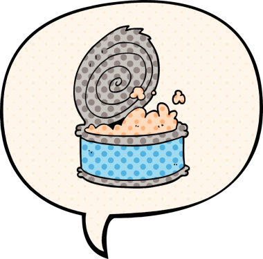 Bir insan tarafından çizilmiş, çizgi roman tarzında konuşma balonlu konserve balık.