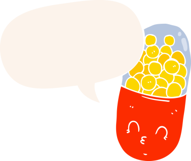 bir insan tarafından çizilmiş, konuşma baloncuklu çizgi film hapı.