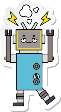 Bir insan tarafından çizilmiş arızalı sevimli bir robot karikatürü çıkartması.