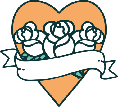 İkonik dövme stili bir kalp ve bir insan tarafından çizilmiş çiçekli pankart.