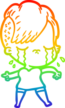 Gökkuşağının gradyan çizimi bir insan tarafından çizilmiş ağlayan bir kız çizgi filmi.