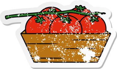 Bir insan tarafından çizilmiş bir kutu domatesin kederli çıkartması.