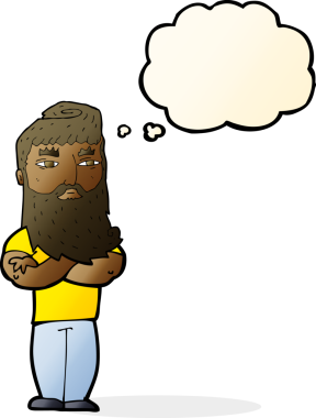 Bir insan tarafından çizilmiş sakallı, ciddi bir çizgi film karakteri.