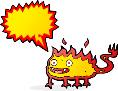 Bir insan tarafından çizilmiş konuşma balonu olan küçük ateş şeytanı çizgi filmi.