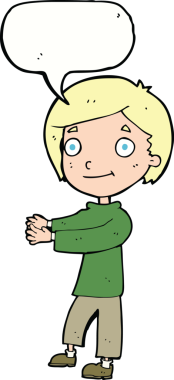 Bir insan tarafından çizilmiş konuşma balonu olan mutlu bir çocuk.