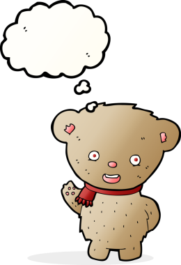 Bir insan tarafından çizilmiş düşünce baloncuğuyla sallanan oyuncak ayı.