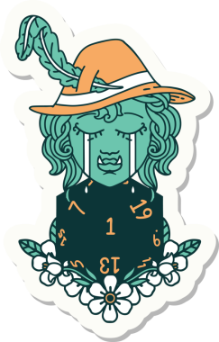 Hüzünlü bir yarım ork ozan karakterinin çıkartması. Bir insan tarafından çizilmiş doğal bir d20 rulo.