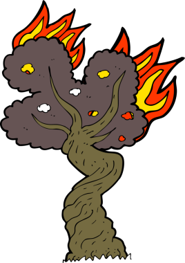 Bir insan tarafından çizilmiş eski bir ağacı yakan çizgi film