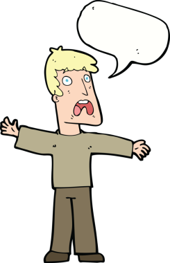 Bir insan tarafından çizilmiş konuşma baloncuğu olan korkmuş bir adam.