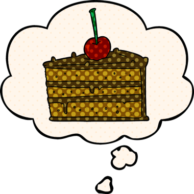 Çizgi roman tarzında bir insan tarafından çizilmiş düşünce balonlu çikolatalı pasta.