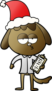 Bir insan tarafından çizilmiş Noel Baba şapkası giymiş sıkılmış bir köpeğin el çizimi karikatürü.