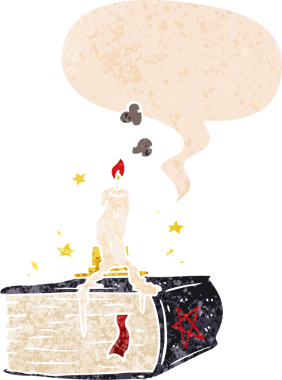 bir insan tarafından çizilmiş grunge sıkıntılı retro biçimli konuşma baloncuğu ile çizgi film ürkütücü büyü kitabı