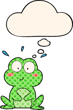 Bir insan tarafından çizilmiş çizgi roman tarzında düşünce baloncuğu olan şirin bir kurbağa.