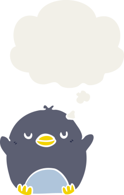 Düşünce baloncuğu olan bir penguen insan tarafından çizilmiş.