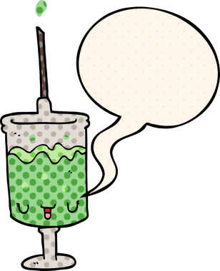 Bir insan tarafından çizilmiş çizgi roman tarzında konuşma baloncuğu olan bir şırınga.