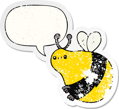 Konuşma baloncuğu olan çizgi film arısı bir insan tarafından çizilmiş sıkıntılı eski bir çıkartma