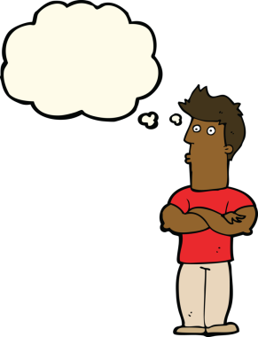 Bir insan tarafından çizilmiş düşünce balonlu kolları katlanmış çizgi film adamı.