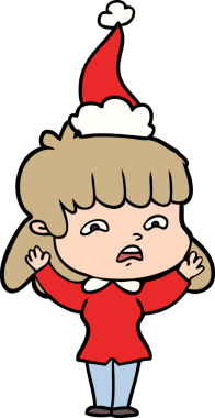 Bir insan tarafından çizilmiş Noel Baba şapkası giyen endişeli bir kadının el çizimi.