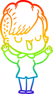 Gökkuşağı gradyan çizimi. Hipster saç kesimi bir insan tarafından çizilmiş şirin bir çizgi film kızı.