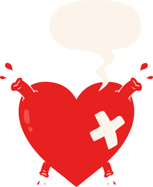 Karikatür kalp, bir insan tarafından çizilmiş eski usul konuşma baloncuğuyla kan fışkırtıyor.