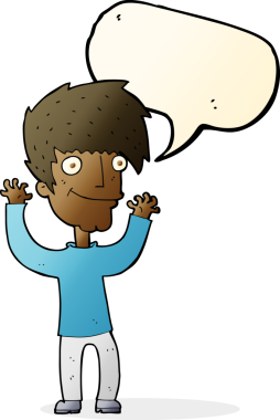 Bir insan tarafından çizilmiş konuşma baloncuğuyla kollarını sallayan çizgi film adamı.