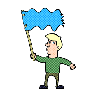 Bir insan tarafından çizilmiş bayrak sallayan karikatürist.