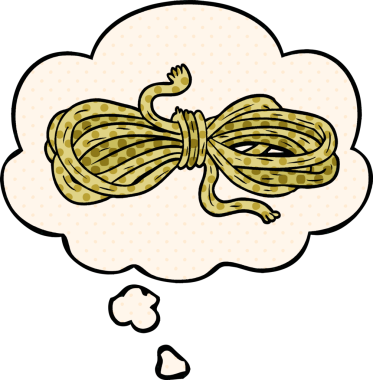 Çizgi roman tarzında bir insan tarafından çizilmiş düşünce baloncuklu çizgi film ipi.