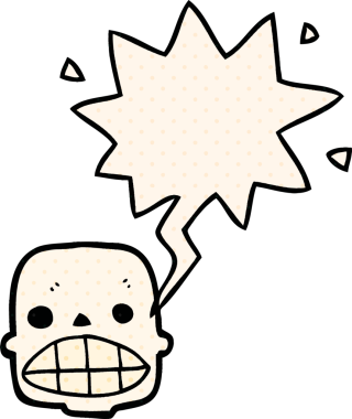 Bir insan tarafından çizilmiş, çizgi roman tarzında konuşma baloncuğu olan bir kafatası.