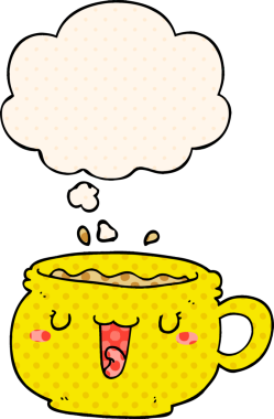 Çizgi roman tarzında bir insan tarafından çizilmiş düşünce baloncuklu şirin çizgi film kahve fincanı.