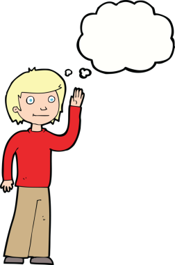 Bir insan tarafından çizilmiş düşünce baloncuğuyla el sallayan çizgi film dostu çocuk.