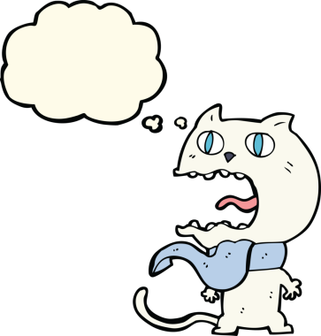 Bir insan tarafından çizilmiş düşünce balonlu korkmuş kedi çizgi filmi.