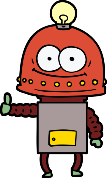 Bir insan tarafından çizilmiş ampullü mutlu karton robot.