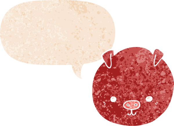 Bir insan tarafından çizilmiş grunge dertli retro tarzı konuşma baloncuklu çizgi film domuzu