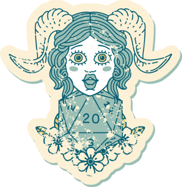 Bir insan tarafından çizilmiş doğal yirmilik zarla süslenmiş grunge çıkartması.