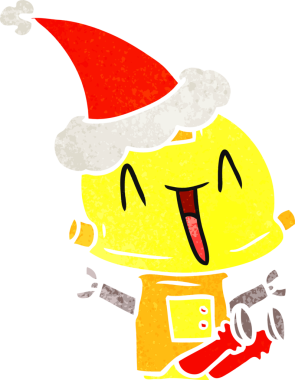 Bir insan tarafından çizilmiş Noel Baba şapkası giyen bir robotun el çizimi karikatürü.