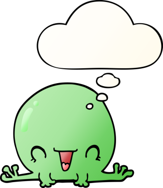 Bir insan tarafından çizilmiş, düşünce baloncuklu çizgi film kurbağası.