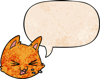 Bir insan tarafından çizilmiş eski dokuda konuşma baloncuğu olan çizgi film kedi suratı tükürüyor.