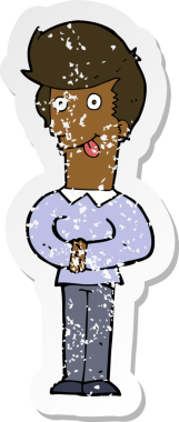 Bir insan tarafından çizilmiş dili dışarı çıkartılan bir karikatürcünün retro sıkıntılı çıkartması.