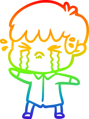 Gökkuşağı gradyan çizimi bir insan tarafından çizilmiş ağlayan bir çizgi çocuk çizimi