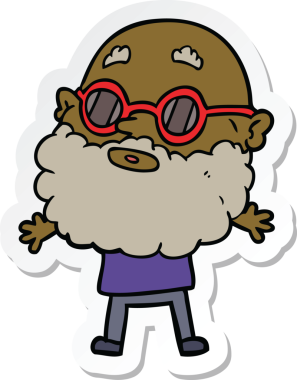 Bir insan tarafından çizilmiş sakallı ve güneş gözlüklü tuhaf bir adamın çıkartması.