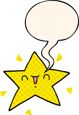Bir insan tarafından çizilmiş çizgi roman tarzında konuşma balonu olan mutlu bir yıldız.