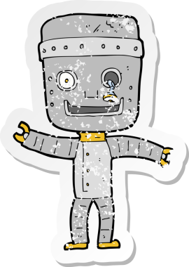 Bir insan tarafından çizilmiş komik, yaşlı bir robotun gerilmiş çıkartması.