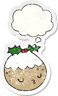 Düşünce baloncuklu tatlı çizgi film pudingi insan tarafından çizilmiş yıpranmış bir çıkartma.